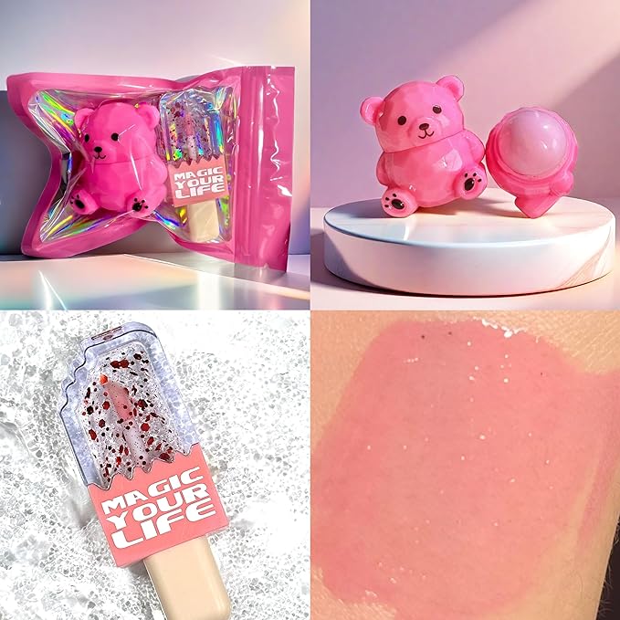 Bear Moisturizing Lip Balm & Lip Gloss Set - Oil Infused, Long-Lasting Lipstick & Gloss for Smooth Lips hydrating lip glow oil， Transparent Lip Oil Tinted, Reduce lip lines (Dark pink suit, 1)