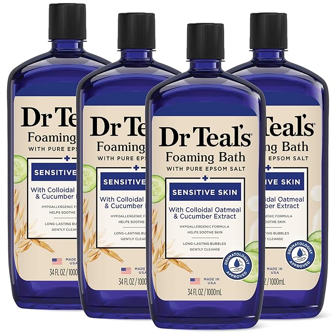 Dr Teal's Foaming Bath with Pure Epsom Salt, Sensitive Skin with Colloidal Oatmeal & Cucumber, 34 fl oz (Pack of 4)