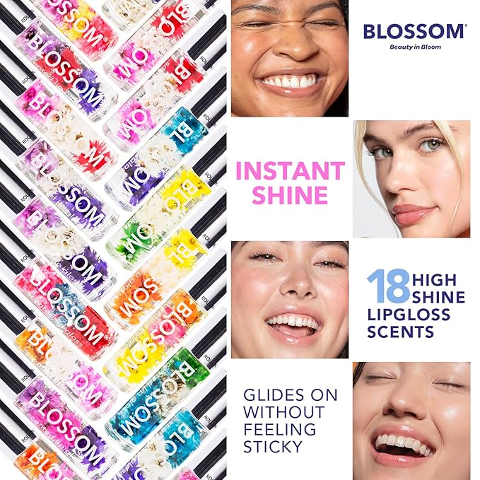 Blossom Roll on Lip Gloss, Scented Clear High Shine Moisturizing Lip Oil, Non Sticky, Infused with Real Flowers, Made in USA, 0.2oz, Mint