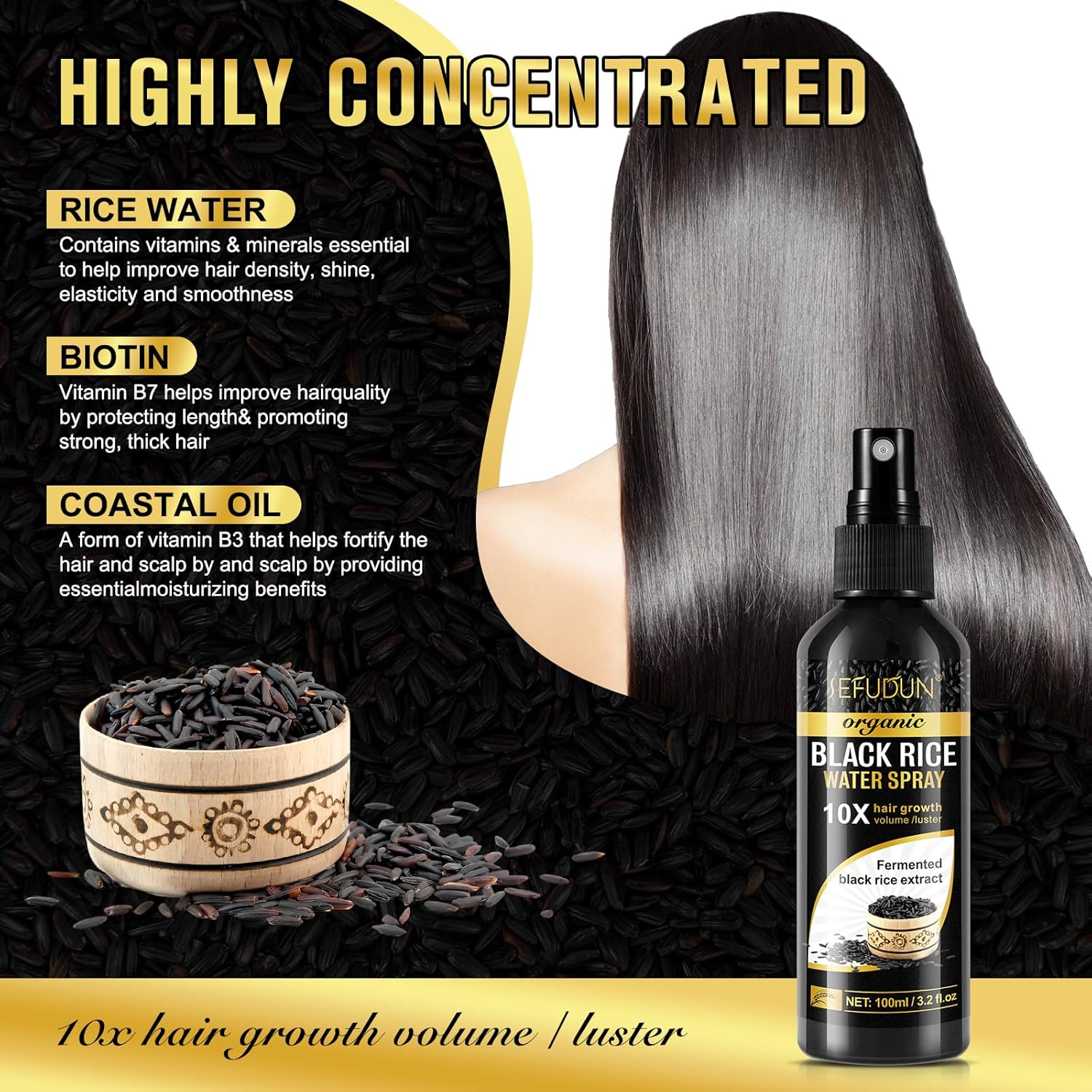 (3Pc) Organic Black Rice Water Spray for Hair Growth, A Solution with Castor Oil & Ginger Root Extract for Thicker, Fuller Hair, Targets Hair Loss and Repairs Damage 300ml/9.6 fl.oz