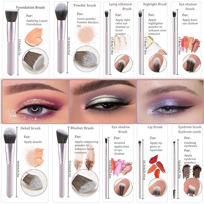 Gift Ready 10 Piece Purple Makeup Brushes Set and 2 Piece Makeup Sponge – Wooden Handle with Soft Synthetic Bristles, Concealer, Powder – (Ideal for Christmas, Birthday, Women)