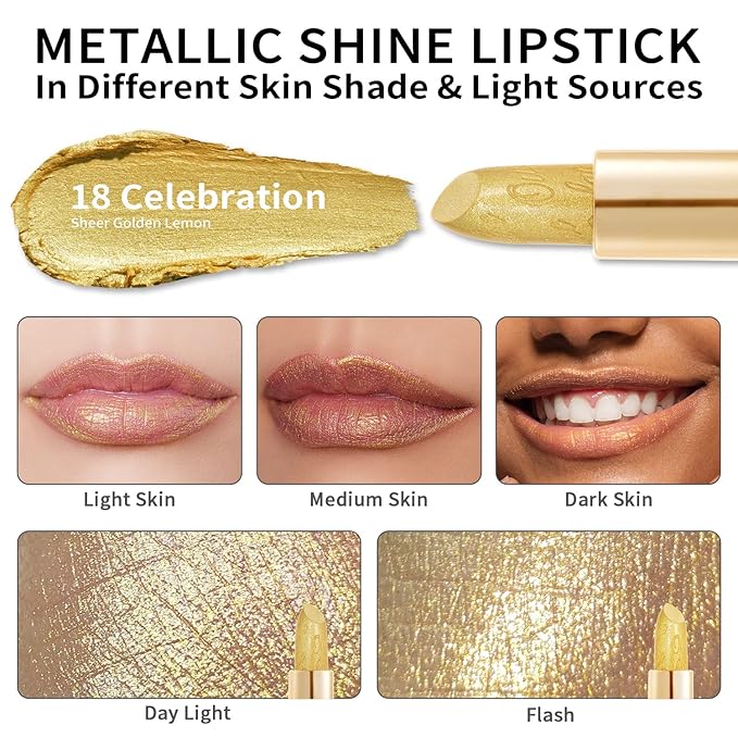 Oulac Glitter Gold Lipstick for Women with Metallic 3D Shine Lightweight Hydrating Formula, High Impact Lip Color, Vegan Beauty, Full Coverage Lip Makeup, Christmas Gifts for Women, Celebration(18)