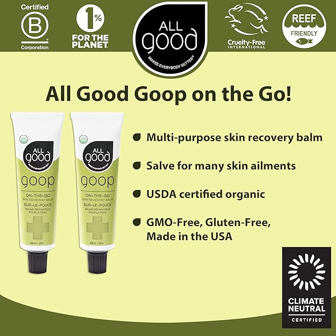 All Good Goop on the Go - Chafing Cream, Dry Skin Salve, Cracking Lip Moisturizer - Soothes, Hydrates & Calms - Travel Size Recovery Balm 1oz (2-pack)