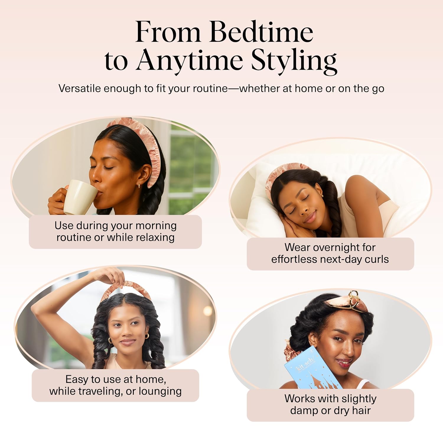 Disney & Kitsch Satin Heatless Hair Curler Set - Heatless Curls Overnight, Hair Rollers for Soft Curls & Frizz-Free Styling, No Heat Curlers To Sleep in, Curling Rod Headband - Princess Party