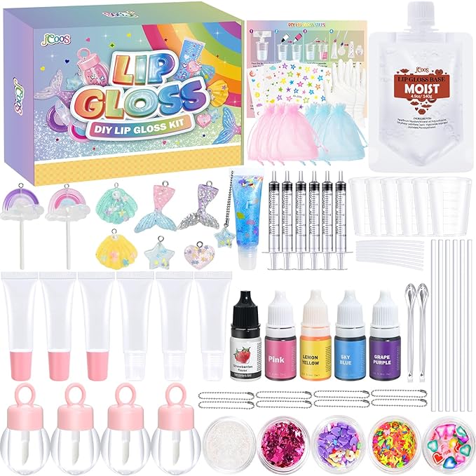 Jcoos Lip Gloss Making Kit 73PCS Lip Gloss Keychain Make Your Own Lip Gloss Kit, DIY Lip Gloss Making kit, Soap Making Kit for Kids, Make Your Own Soap Kit Soap Making Kit Science Kits for Kids Age