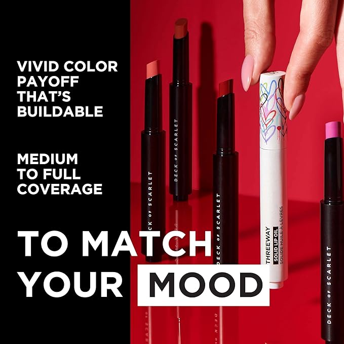 Deck of Scarlet Threeway Solid Lip Oil, Vegan Formula With Hyaluronic Acid and Hydrating Oil Blend, Glossy Finish - Scarlett Passion