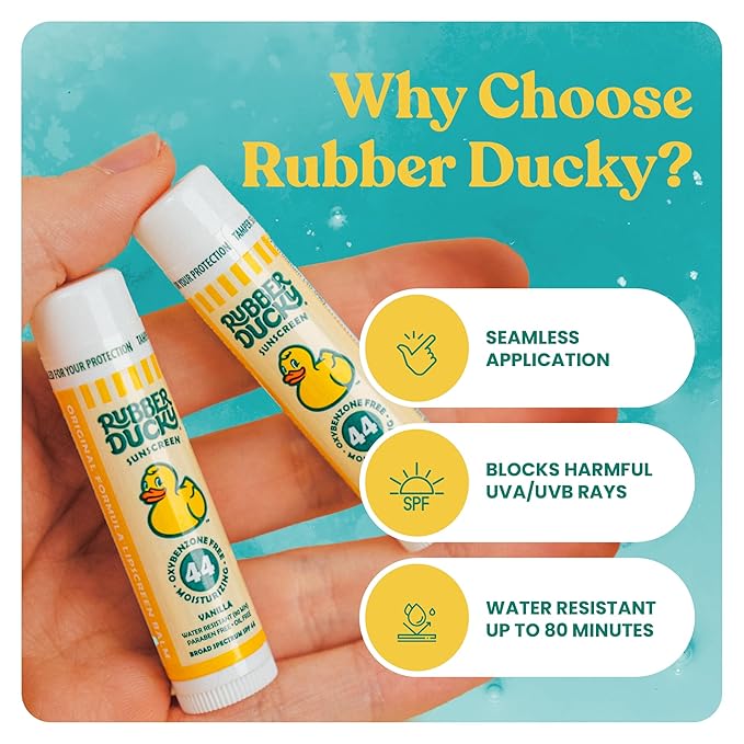 Rubber Ducky Lip Sunscreen SPF 44, Kids Vegan Lip Balm with Vitamin E, UV Protection, Water Resistant, Untinted, Vanilla Flavor, Broad Spectrum
