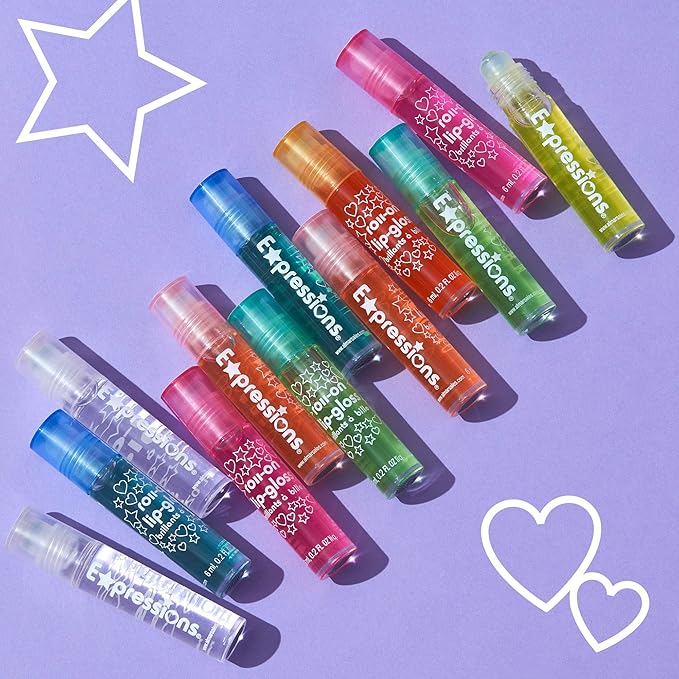 Expressions girl 12pc Roll On Lip Gloss Set with Carrying Case, Glossy Lip Make-up for Kids and Teens - Fruity Flavors, Non Toxic, Kid Friendly, Party Gift, Best Friends
