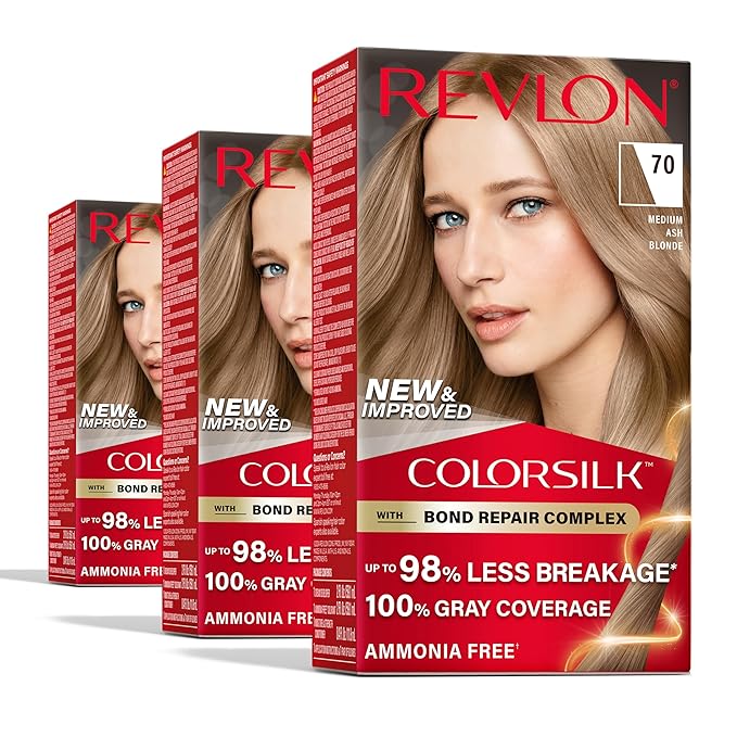 Revlon ColorSilk with Bond Repair Complex, Blonde Permanent Hair Color, 100% Gray Coverage, Ammonia Free Hair Dye, Vegan Keratin, 70 Medium Ash Blonde (Pack of 3)