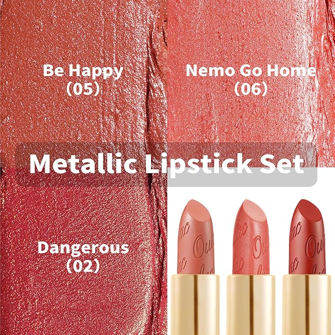 Oulac Metallic Orange Lipstick Set for Women High Payoff Lipcolor with Moisturizing Formula, Vegan Beauty, Full-Coverage Lip Color 4.3g X 3PCS, 02+05+06
