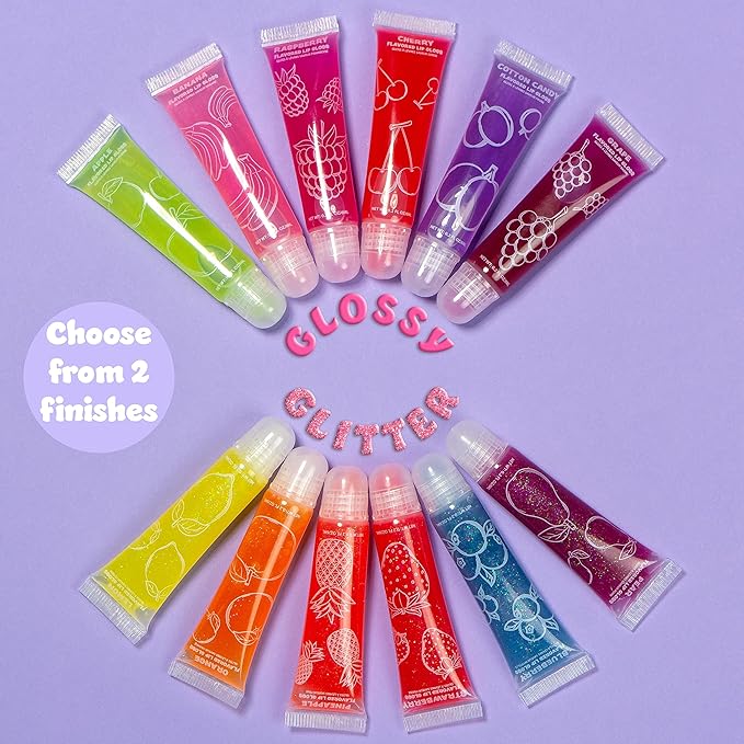 Expressions 12 pc Lip Gloss Set, Flavored Lipgloss Squeeze Tubes with Carrying Case, Lip Gloss Set Value Pack, Assorted Fruit Flavored Lip Glosses, Kid-Friendly Non Toxic Makeup (12)