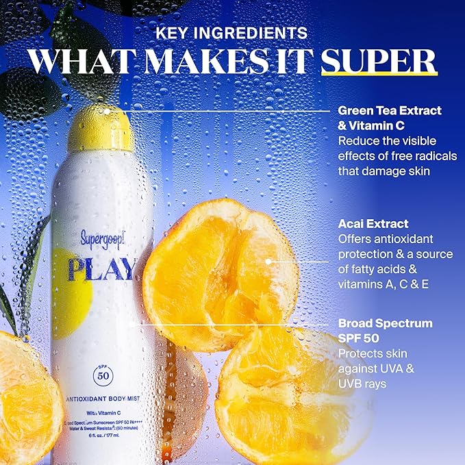 Supergoop! PLAY SPF 50 Antioxidant Body Mist w/Vitamin C - 3 fl oz, 2 Pack - Broad Spectrum Sunscreen Spray - Great for Active Days