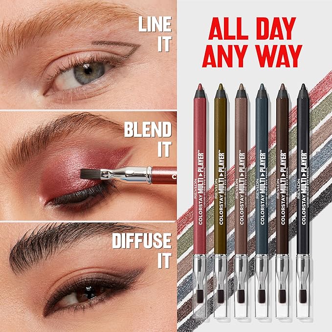 REVLON ColorStay Multiplayer Liquid-Glide Eye Pencil, Multi-Use Eye Makeup With Blending Brush, Blends Then Sets, Creamy Texture, Waterproof, Smudge-proof, Longwearing, 406 Queen of Hearts, 0.03 oz