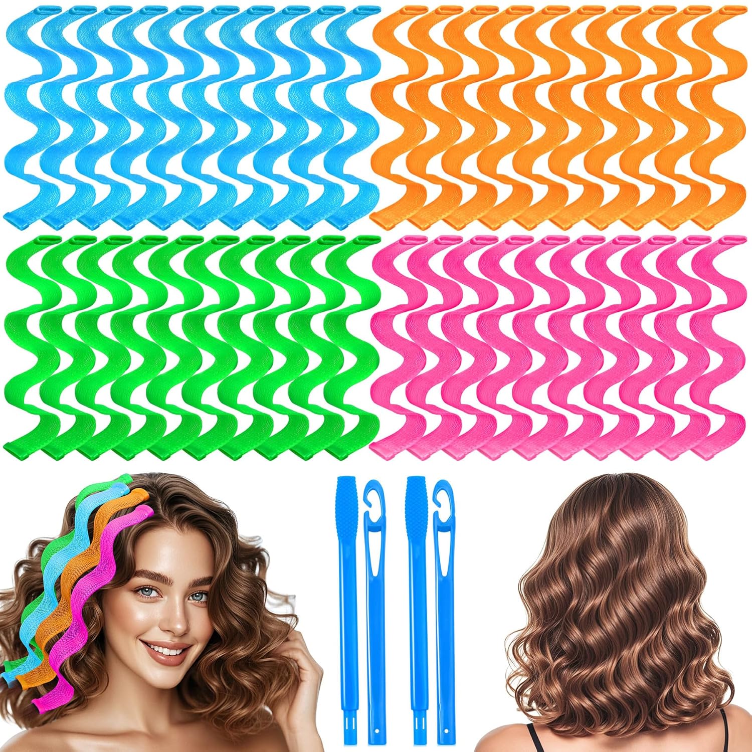 42 Pieces Heatless Waves Hair Curler, No Heat Damage Wavy Hair Curlers with 2 Sets of Styling Hooks, Heatless Curls for Women Girls Long Medium Short Hair(4 Colors,30cm/ 11.8")