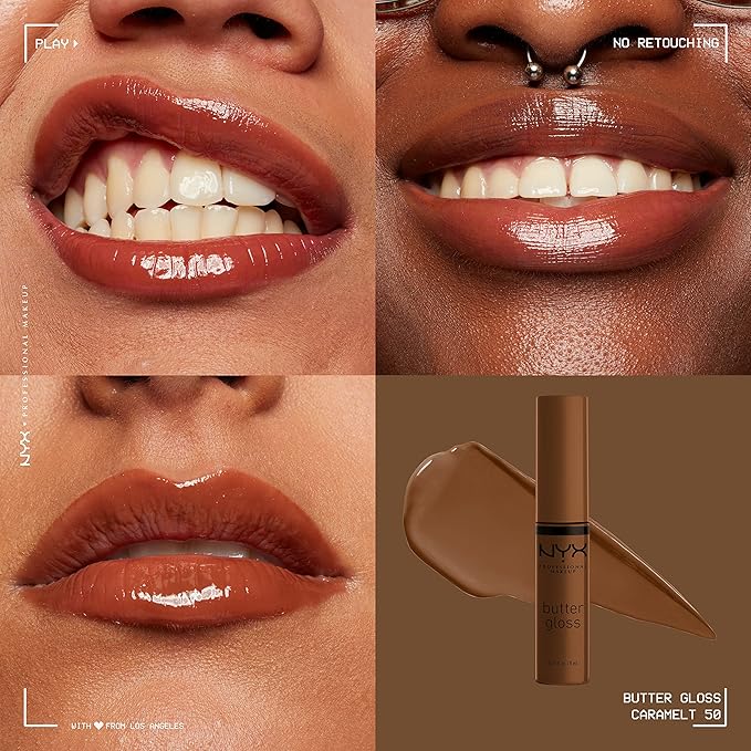 NYX PROFESSIONAL MAKEUP Butter Gloss Brown Sugar, Non-Sticky Lip Gloss - Caramelt (Medium Brown) (Pack of 2)