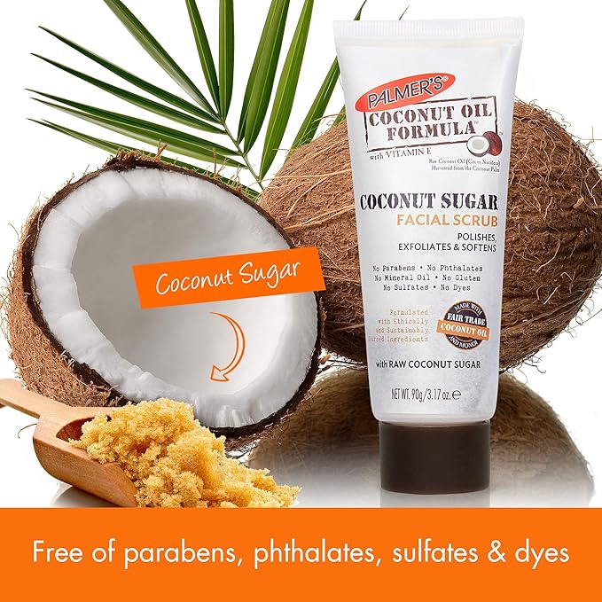 Palmer's Coconut Oil Formula Coconut Sugar Facial Scrub Exfoliator, Face Scrub to Gently Exfoliate Away Dirt and Dead Skin Cells with Chamomile to Soften & Calm, 3.17 Ounces (Pack of 3)