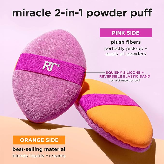 Real Techniques Miracle 2-In-1 Powder Puff 4 Pack, Dual-Sided, Full Size Makeup Blending Puff, Reversible Elastic Band, Makeup Sponge & Powder Puff, For Liquid, Cream & Powder Products, Cruelty-Free