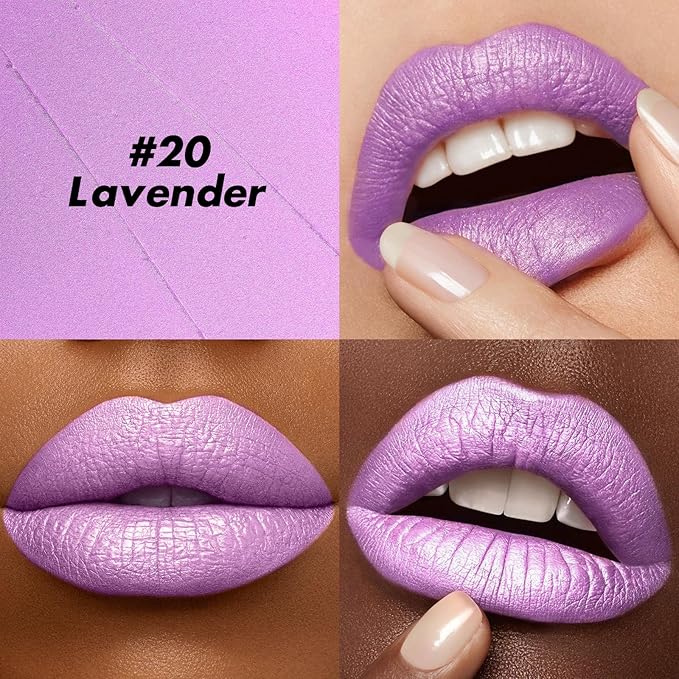 FOCALLURE Ultra Chic Metallic Lipstick,Rich Vitamin E Lip Crayon,Lightweight Shinning Color without Drying or Fading,Long Lasting Lips Makeup,#20 Lavender