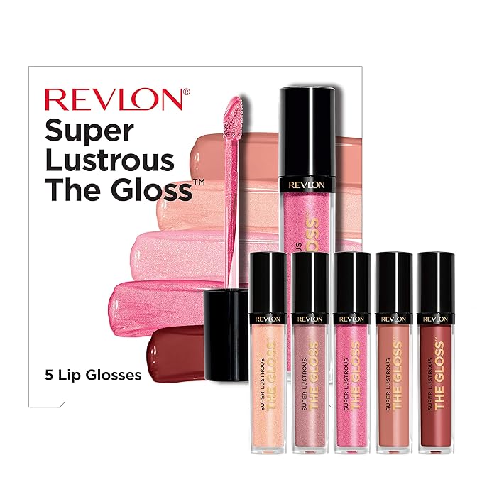 Revlon Super Lustrous The Gloss, 5 Piece Lipgloss Gift Set, Non-sticky High Shine Color in Cream & Pearl Finishes, Pack of 5, 0.75 Fl Oz