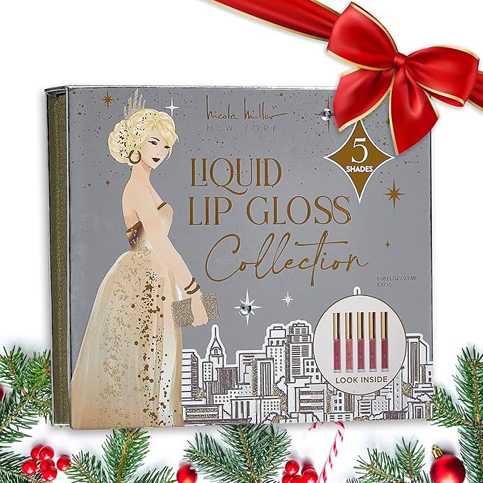 Nicole Miller Lip Gloss Collection Shimmery Glosses for Women and Girls Long Lasting Color Set with Rich Varied Colors, Silver City, 5 Count (Pack of 1)