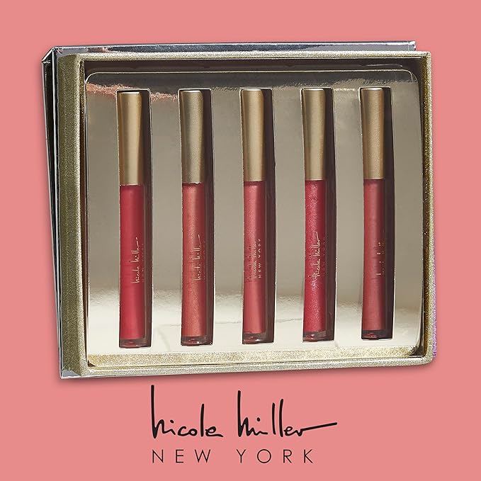 Nicole Miller Lip Gloss Collection Shimmery Glosses for Women and Girls Long Lasting Color Set with Rich Varied Colors, Silver City, 5 Count (Pack of 1)