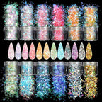 Allstarry 12 Colors Mermaid Nail Chunky Glitter Ultra-Thin Fluorescent Glass Paper Irregular Iridescent Sequin Flakes Glitters Sticker for Nails Art Decoration Hair Eyes Face Body DIY Craft