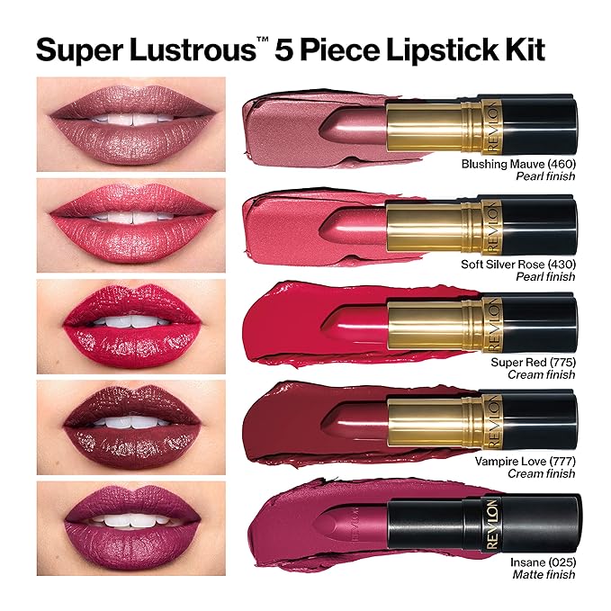 Revlon Super Lustrous 5-Piece Lipstick Gift Set, High Impact, Moisturizing, 460 Blushing Mauve & 430 Soft Silver Rose (Pearl), 775 Super Red & 777 Vampire Love (Cream), 025 Insane (Matte), 0.75 Oz