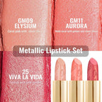 Oulac Metallic Coral Lipstick Set 3PCS High Impact Lipcolor with Moisturizing Formula, Vegan Beauty, Full-Coverage Lip Color, Gift Lipstick for Women, 4.3g X 3PCS, GM09+GM11+25