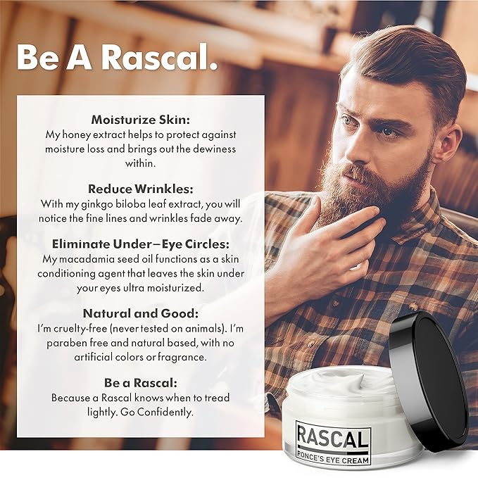 Rascal Ponce's Eye Cream | Under Eye Cream Dark Circle Remover for Men - Made with ginkgo Biloba Leaf Extract Macadamia Seed Oil (Container 0.5 Oz)